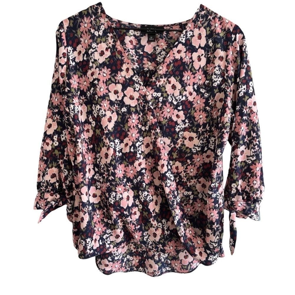 BCX Floral Faux Wrap Blouse Medium Pullover V-Neck 3/4 Sleeves Boho Cottagecore